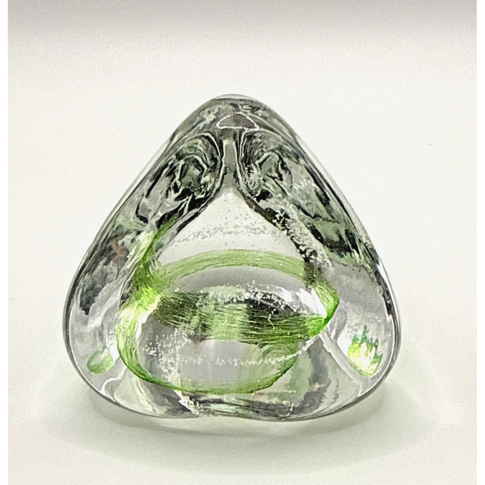 Caithness Triangle Pebble Scotland Paperweight Green Bubble Clear Swirl Art Glas